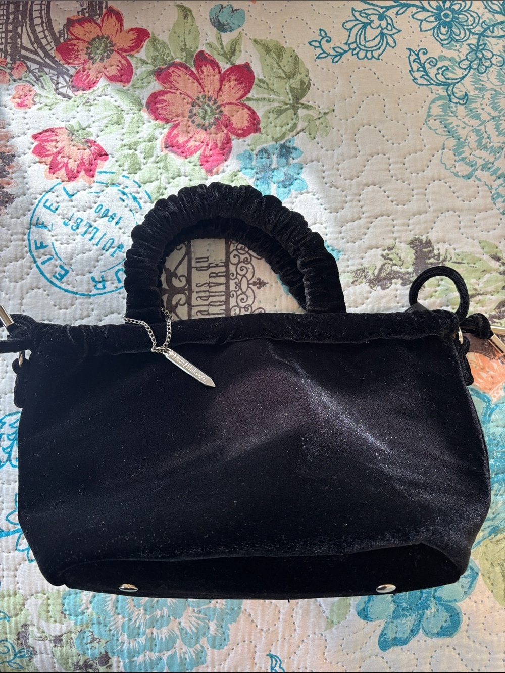 House of Harlow 1960 Black Velvet Ruched-Handle Shoulder Bag with Silver Charm
